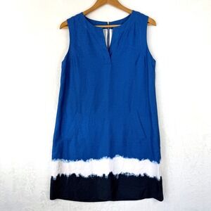 J.Crew Blue Linen‎ Dip Dye Colorblock Shift Dress Sleeveless Pockets Size 4